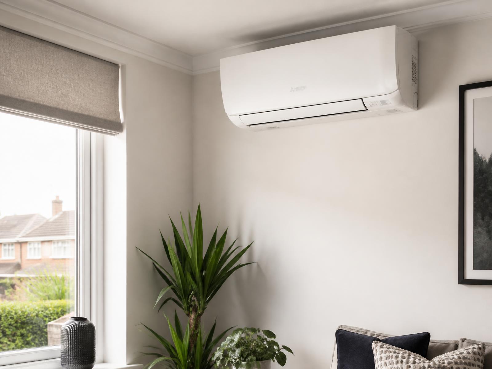 Wall-mounted air conditioning unit installed in a bright living room in Banstead